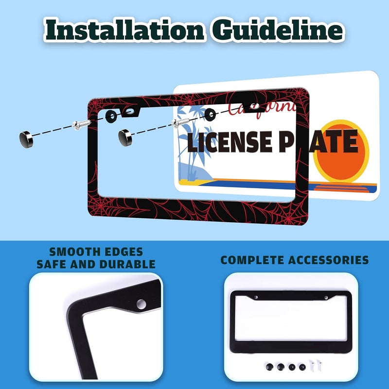 TINALUIN Red Spider Web License Plate Frame Funny Cobweb Stainless Steel License Plate Holder for Front or Rear Car Tags for Car Decoration Accessories with Screws 6.3 X 12.2 in for Women Men - Image 4